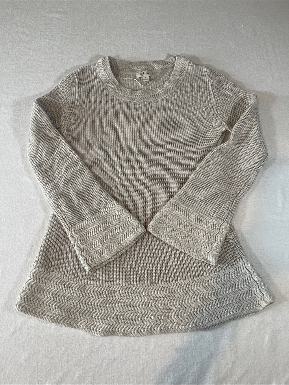 Style & Co. Cream Ribbed Crewneck Sweater with Chevron Hem